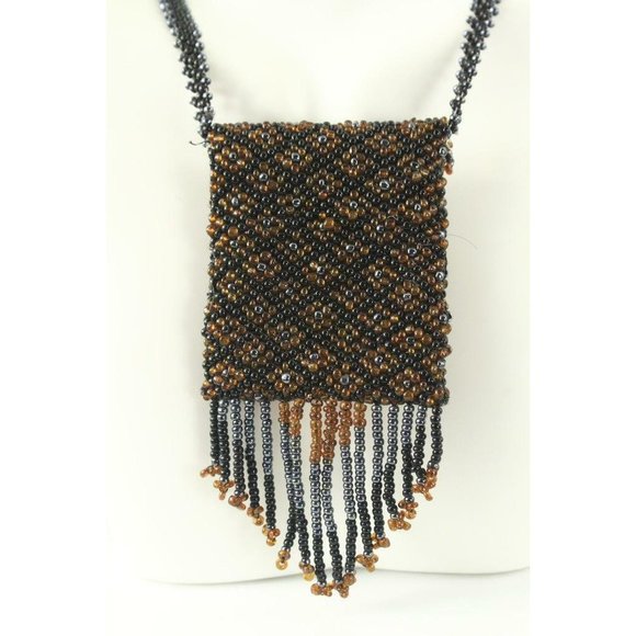 Artisan Jewelry Beaded WICCA Amulet Bag Black & Brown Necklace Liz Schwartz - Picture 3 of 5